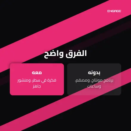 بوستر مربّع يقارن بين العمل بدون Engage للمنشورات ومعه