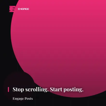 A square quote poster over a pink Swiss circle: Stop scrolling. Start posting.